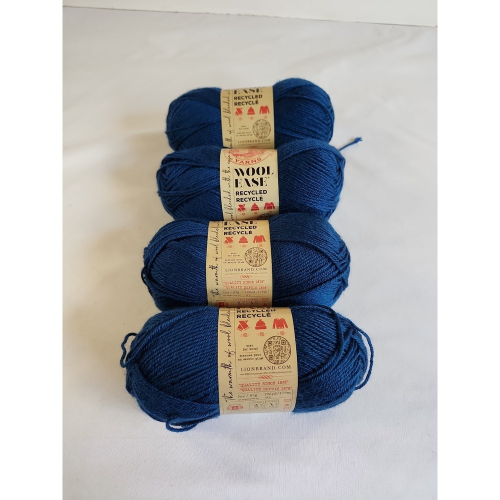 Lot Of 4 Lion Brand Wool Ease Skeins Yarn Thread  Recycled Royal Blue Size 4